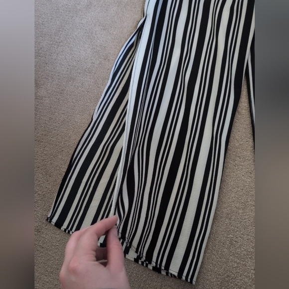 Monteau Black & Cream Pinstriped Spaghetti Strap Belted Split Wide Leg Jumpsuit - Picture 6 of 11